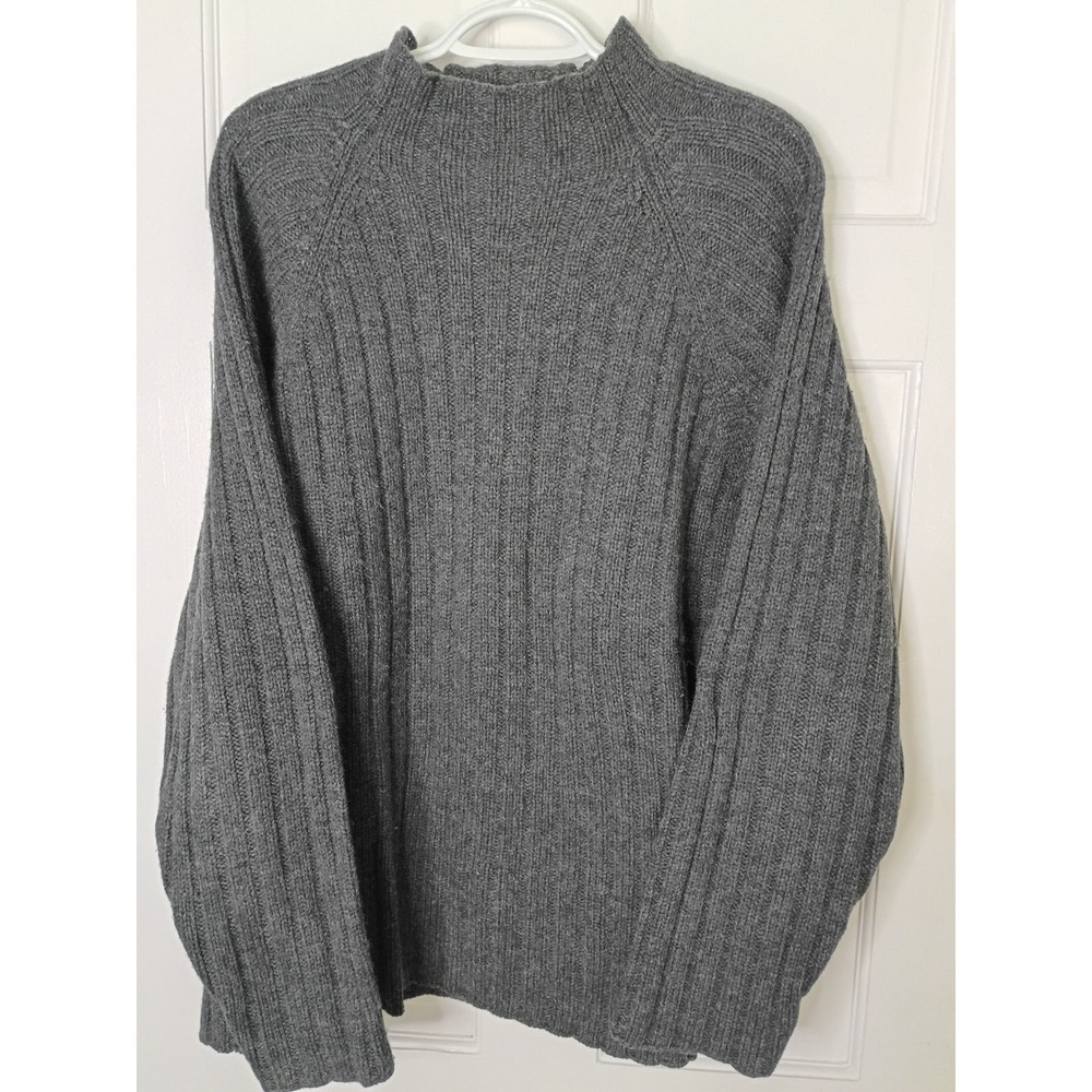 Heather Tweed Grey 100% Lambswool Ribbed Mock Neck Sweater Womens Large Pullover